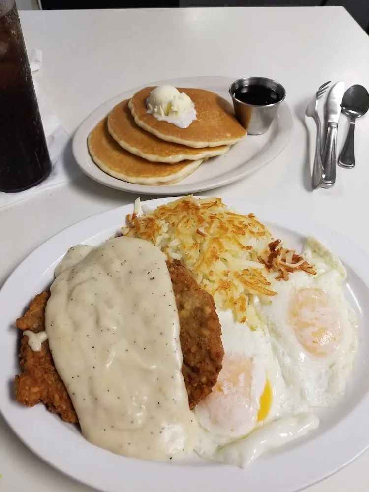 Chicken Fried Steak Eggs Hash Browns and Pancakes