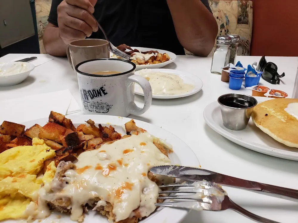 Chicken Fried Steak with Potatoes and Pancakes
